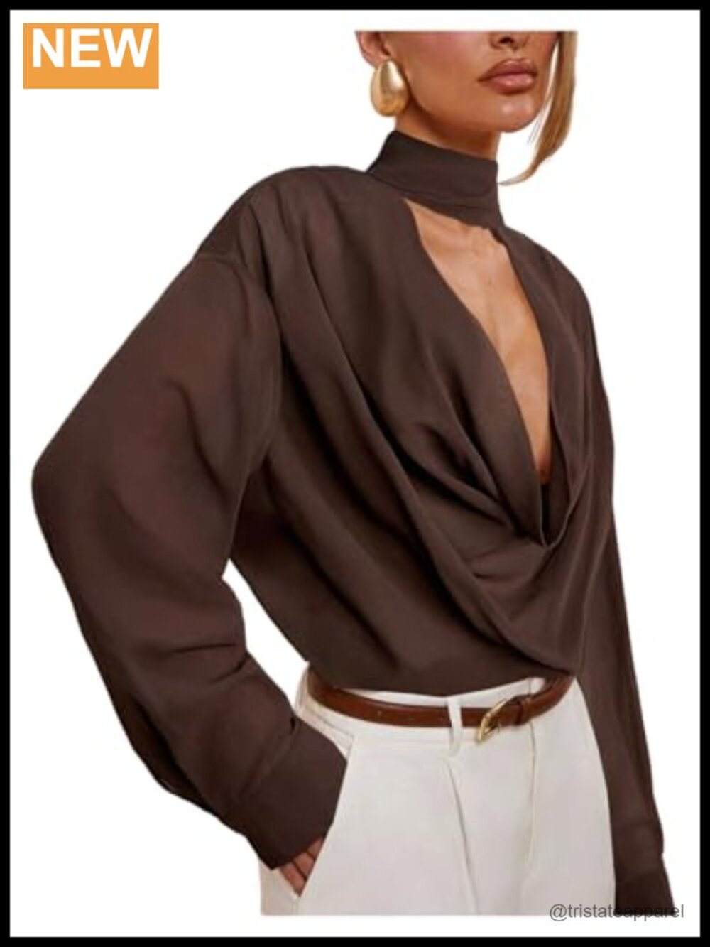 Sheer Cowl Neck Long Sleeve Blouse with Scarf - Polyester